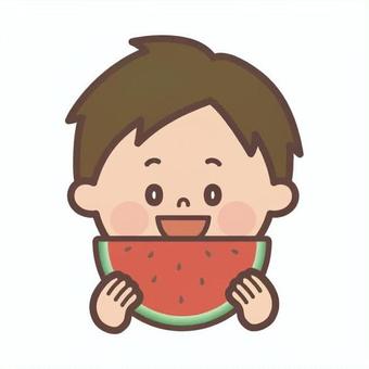 スイカを食べている男の子 スイカ,食べる,食べ物,夏,旬,子供,男の子のイラスト素材
