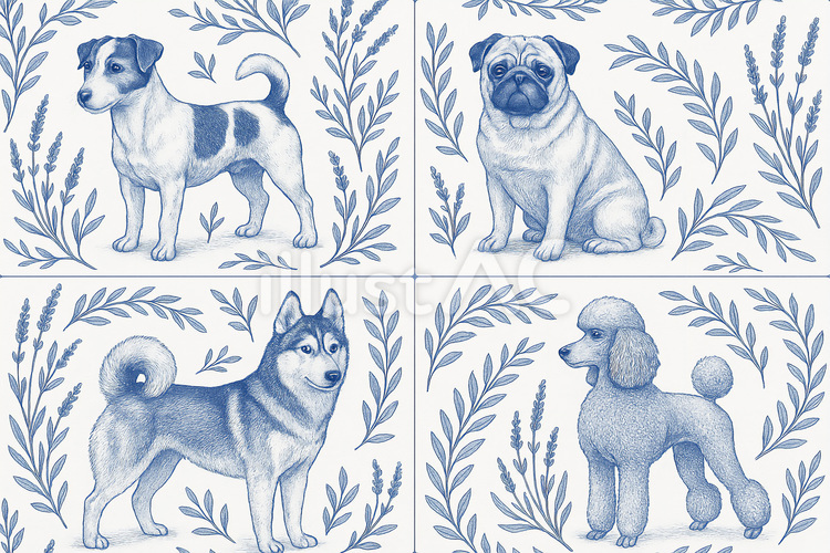 犬たちと植物模様のクラシックなパターン 犬,パターン,植物のイラスト素材
