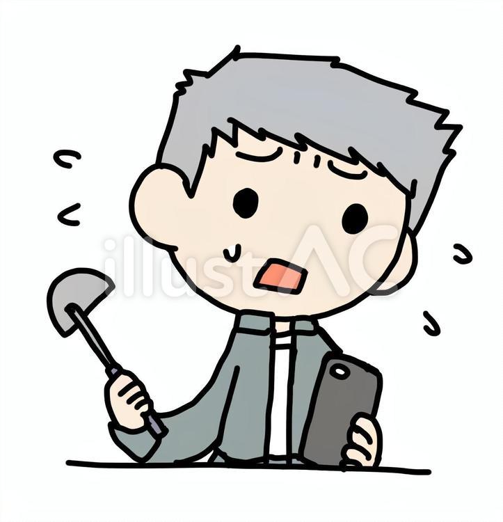 スマホを見ながら焦って調理するおじいさん 調理,料理,スマホのイラスト素材