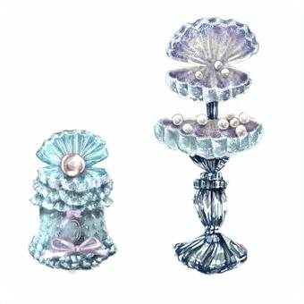 クールシェルオブジェ 貝,真珠,水色,置物,インテリア,ファンタジー,アンティーク,かわいい,キラキラ,リボンのイラスト素材