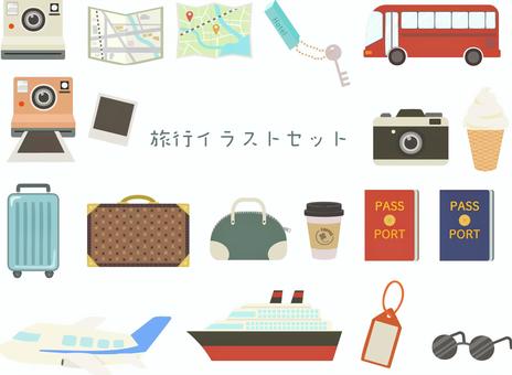 旅行イラストセット 旅行,アイテム,観光,おでかけ,出張,飛行機,船,クルーズ,バス,ホテルのイラスト素材