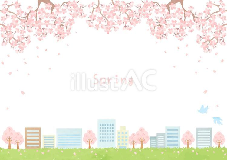 桜の咲く春の町並みイラスト 町並み,春,背景のイラスト素材