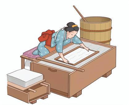 江戸時代　紙漉き職人 紙漉き,江戸時代,職人,着物,女,道具のイラスト素材