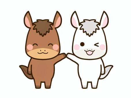 午年を喜ぶ二匹の仲良し馬 馬,午年,十二支,年賀状,2026,2026年,午,干支,新年,動物のイラスト素材