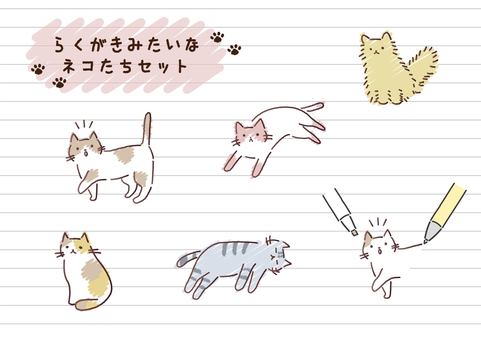 ゆるいねこらくがき風セット 猫,肉球,ゆるい,かわいい,手描き風,らくがき,はちわれ,アメリカンショートヘア,三毛猫,あしらいのイラスト素材