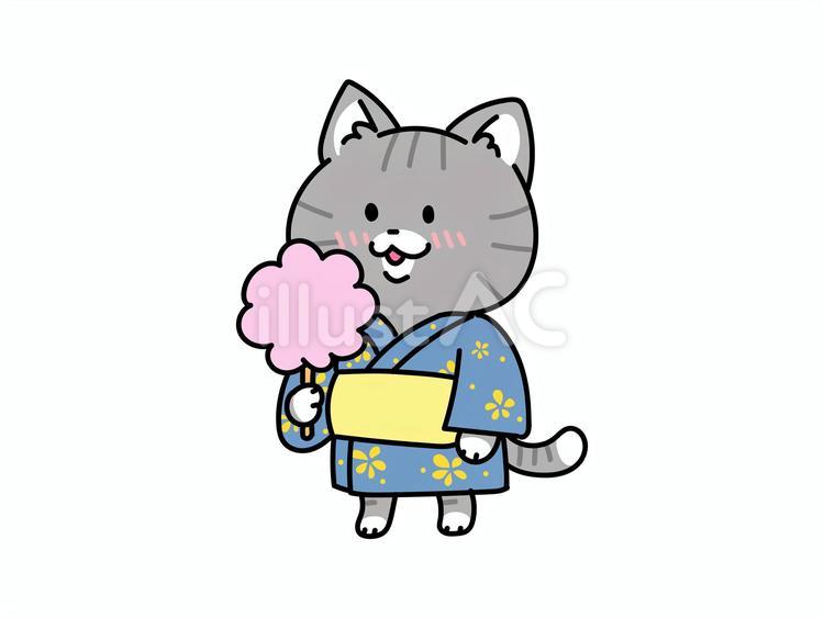 夏祭り浴衣と綿あめと猫ちゃん ねこ,ゆかた,綿あめのイラスト素材