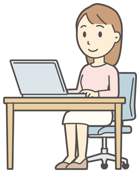  ロングヘア女性-060-全身 パソコン,笑顔,女性,女の子,人物,かわいい,微笑む,にっこり,ニコニコ,デスクのイラスト素材