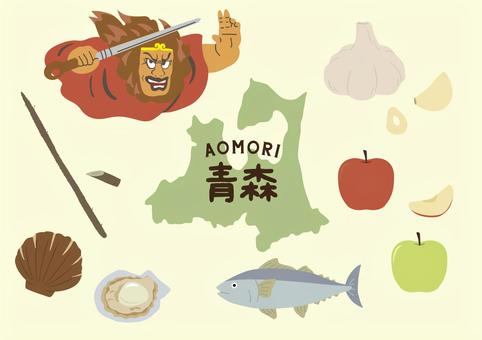 青森イラストセット 青森,りんご,ホタテ,ごぼう,にんにく,マグロ,ねぶた祭り,地図,ご当地,観光地のイラスト素材