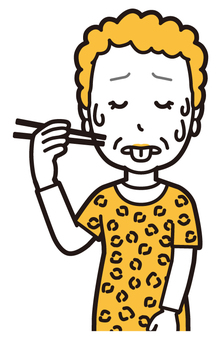  大阪のおばちゃん(黄)-095-バスト 食べる,おばちゃん,大阪,ヒョウ柄,おばはん,中年,女性,関西,派手,おばさんのイラスト素材