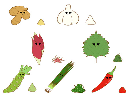 ジト目の薬味のお野菜アイコンセット ジト目の薬味のお野菜アイコンセット 野菜,薬味,セット,しょうが,にんにく,みょうが,大葉,しそ,わさび,ねぎのイラスト素材