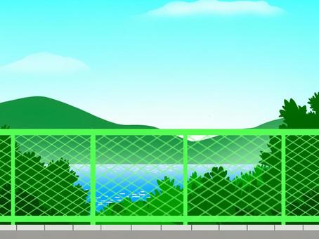 山並みと湖とフェンス 山並み,風景,景色,山,湖,湖畔,空,フェンス,景観,自然のイラスト素材