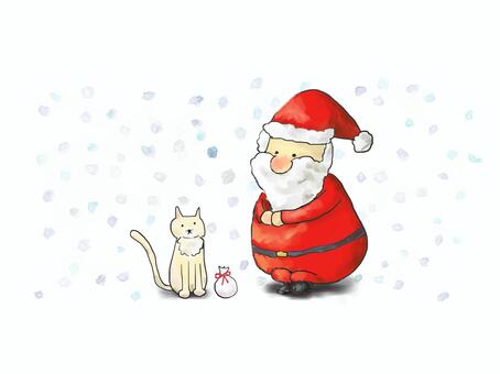 サンタクロースとねこ サンタクロース,猫,雪,クリスマス,メリークリスマス,動物,しゃがむ,プレゼント,リボン,手書きのイラスト素材