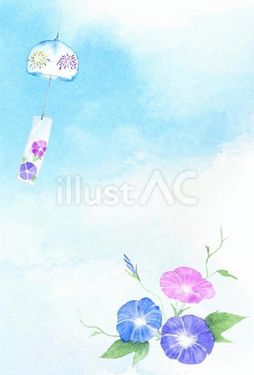 青空に風鈴と朝顔の暑中はがきテンプレート 暑中はがき,暑中見舞い,朝顔のイラスト素材