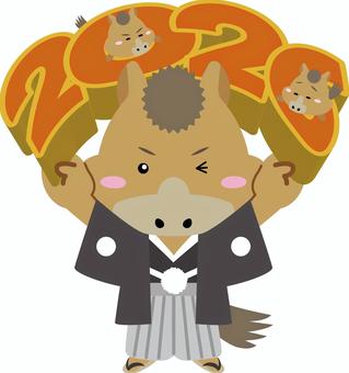 2026を力強く支える馬と仔馬のイラスト 馬,干支,午年,子馬,親子,家族,かわいい,和風,羽織袴,和装のイラスト素材