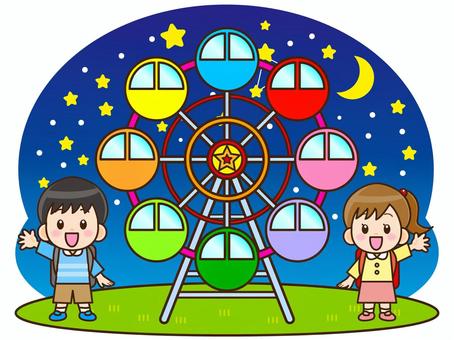 夜の遊園地ので遊ぶ子供のイラスト素材 観覧車,遊園地,乗り物,テーマパーク,レジャー,夜,こども,小学生,人物,男の子のイラスト素材