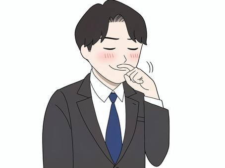 照れて鼻の下を掻くスーツの男性 えへへ,てへへ,満更でもない,内心,赤面,どんなもんだい,こしこし,それほどでも,晴れやか,自慢げのイラスト素材