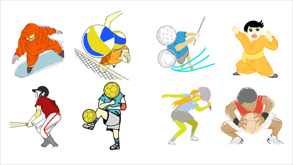 1682スポーツをする人 スポーツ,野球,スケボー,ゴルフ,サッカー,テニス,バスケットボール,バスケ,バレー,空手のイラスト素材