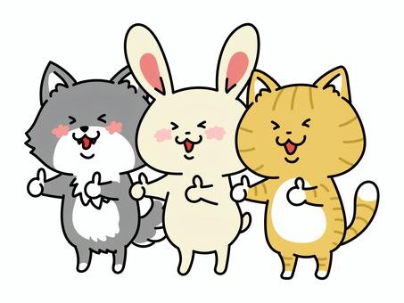 いいねしてくれる犬猫兎トリオ いいねしてくれる犬猫兎トリオ いぬ,うさぎ,ねこ,いいね,良い,グッド,ほめる,最高,満足,素晴らしいのイラスト素材
