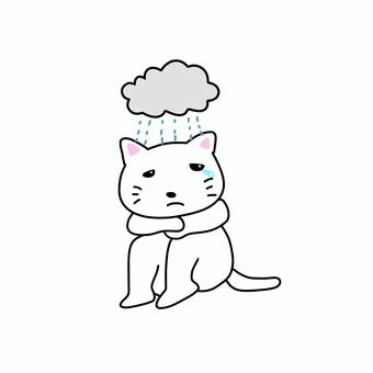 ブルーな気分な白猫 ねこ,白猫,動物,キャラ,ポップ,かわいい,ブルー,悲しい,寂しい,雲のイラスト素材