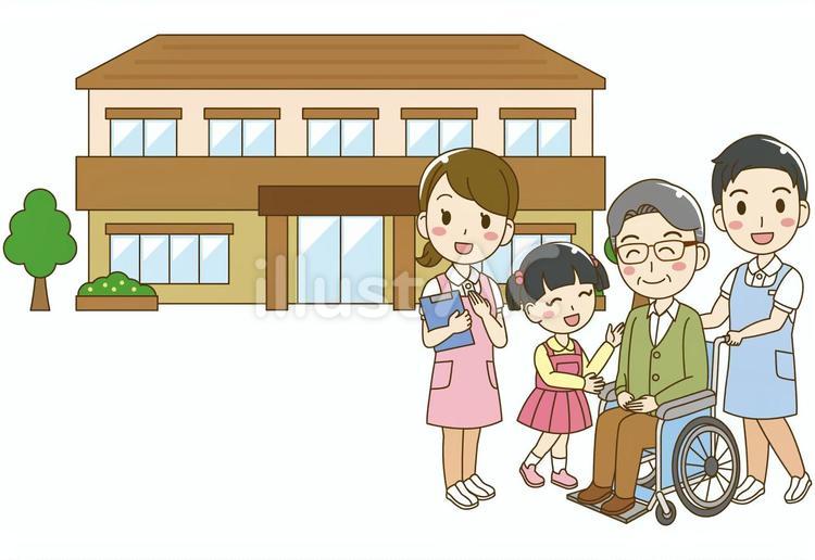 介護施設と介護士の男女と入居者の家族 介護,介護施設,老人ホームのイラスト素材
