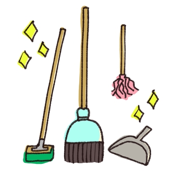 掃除道具の片付けの手描きイラスト・いい例 掃除道具,綺麗,ピカピカ,片付け,セット,整理整頓,整理のイラスト素材