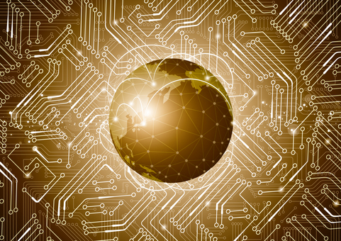 ゴールドの地球のネットワークと電子回路 デジタル,電子回路,基盤,エレクトロニクス,テクノロジー,地球,世界,ネットワーク,光,スタイリッシュのイラスト素材