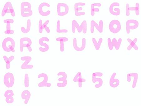 ピンクの手書き水彩風アルファベットと数字 ピンク,水彩,アルファベット,数字,手書き,推し活のイラスト素材