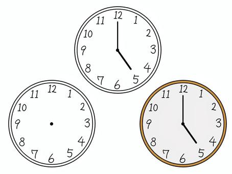 丸い時計 丸,時計,壁掛け時計,五時,色あり,色なし,モノクロ,線画,シンプル,手描きのイラスト素材