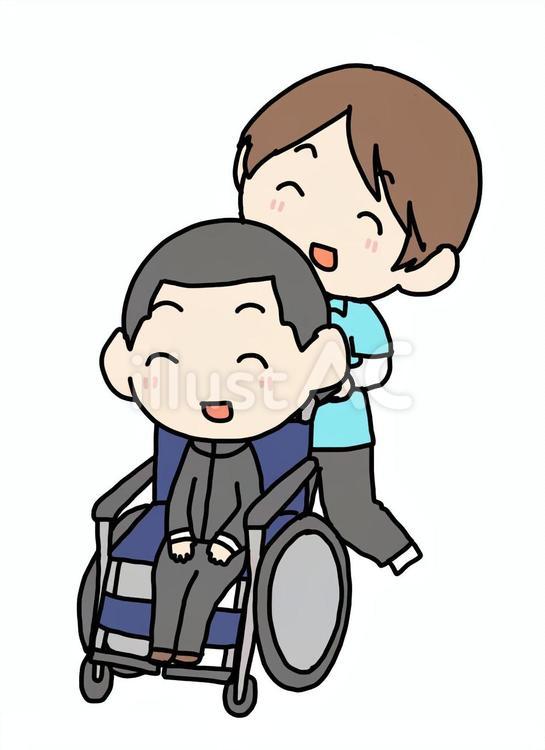 車いすを押されて笑顔の少年 少年,車いす,押すのイラスト素材