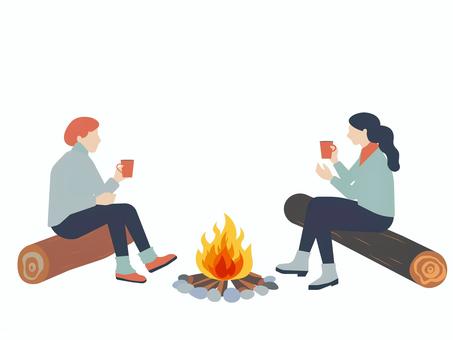 焚き火を囲んで飲み物を飲む女性たち キャンプ,アウトドア,キャンプ女子,登山,ハイキング,野外,屋外,自然,山登り,野外活動のイラスト素材