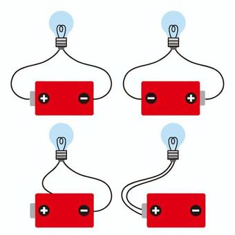 動線の付ける位置 ４種類まとめて 乾電池,豆電球,導線,接続,プラス,マイナス,4種類,赤色,黒色,青色のイラスト素材