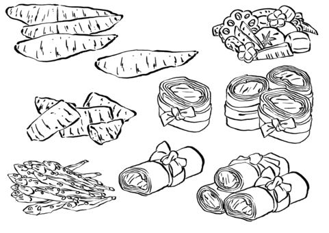 お節②9種　墨筆 田作り,煮しめ,数の子,昆布巻き,花れんこん,魚介類,お節,おせち,小魚,ごまのイラスト素材