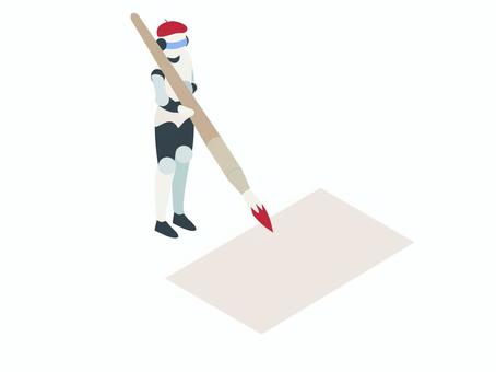 絵を描くロボットのアイソメ 絵,イラスト,絵描き,ai,ロボット,美術,筆,紙,キャンバス,アイソメのイラスト素材