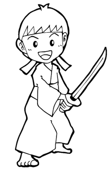 袴で刀を持つ男の子 子ども,男の子,袴,幼稚園,保育園,こども園,園児,絵カード,生活発表会,モノクロのイラスト素材