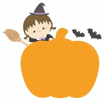 ハロウィンのかぼちゃのフレームと魔女 ハロウィン,かぼちゃ,フレーム,魔女,仮装,女の子,子供,halloween,人物,ほうきのイラスト素材
