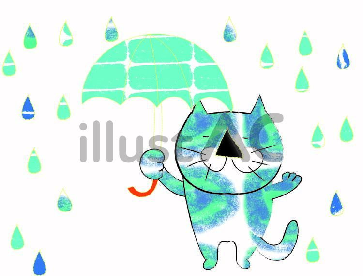 水彩猫の雨の休日 雨,傘,雨天のイラスト素材