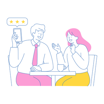 レビュー評価を見せながら話すビジネス男女 レビュー評価を見せながら話すビジネス男女 人物,男性,女性,会話,スマホ,レビュー,評価,星,テーブル,カフェのイラスト素材