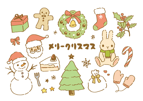 手描き-クリスマスセット-カラー クリスマス,ツリー,リースのイラスト素材