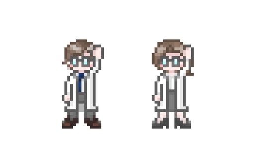 ドット絵の手をあげる白衣を着た男女セット ドット絵,ピクセル,手,あげる,挙手,やる気,質問,かわいい,会社員,社会人のイラスト素材