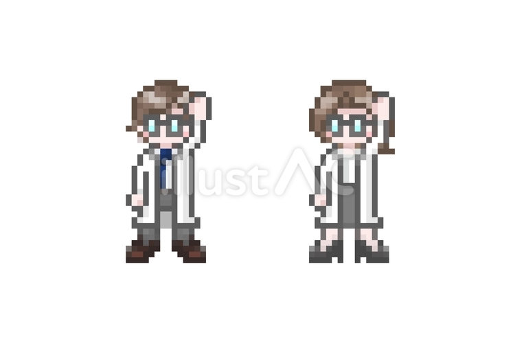 ドット絵の手をあげる白衣を着た男女セット ドット絵,ピクセル,手のイラスト素材
