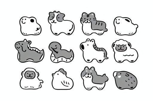 張子風の十二支のイラストセット　線画② 十二支,干支,張子,子,丑,寅,卯,辰,巳,午のイラスト素材