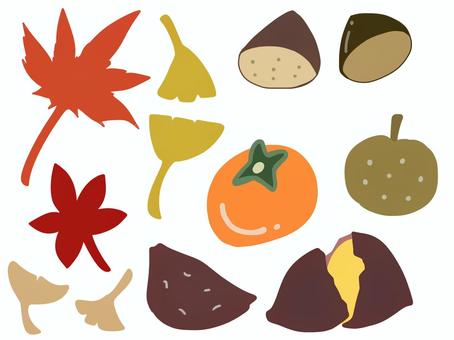 秋のイラスト 秋のイラスト 秋,紅葉,銀杏,栗,柿,さつま芋,梨,イラスト,セット,手描きのイラスト素材
