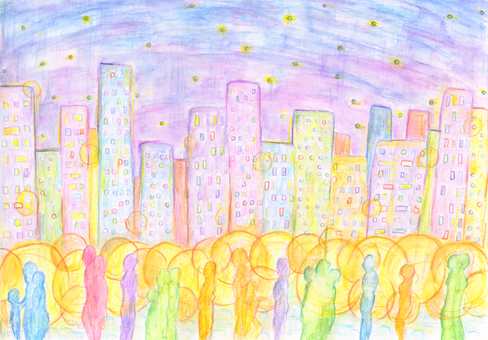 背景風景色鉛筆手描きイラスト 背景,風景,ビル,街並み,夜空,星空,人影,カラフル,光,壁紙のイラスト素材