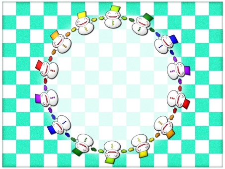 雪だるまのフレ−ム　円　市松模様 雪だるま,雪ダルマ,フレ−ム,ポストカード,メッセージカード,市松模様,市松,和柄,かわいい,笑顔のイラスト素材