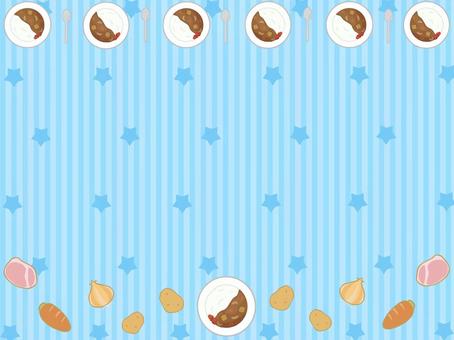 カレーライス（青）フレーム カレー,カレーライス,食事,ごはん,ジャガイモ,ニンジン,玉ねぎ,スプーン,野菜,肉のイラスト素材