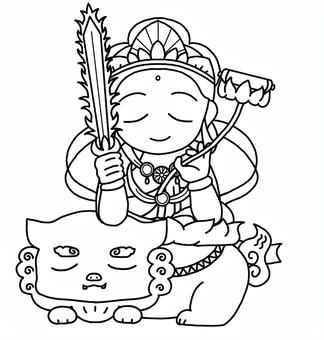 文殊菩薩　線画 文殊菩薩,菩薩,宗教,仏教,線画,獅子,智剣,経巻,釈迦三尊,仏様のイラスト素材