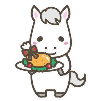 チキンを持つ白馬 チキン,クリスマス,かわいい,馬,ホース,デフォルメ,動物,ゆるかわ,シンプル,素材のイラスト素材