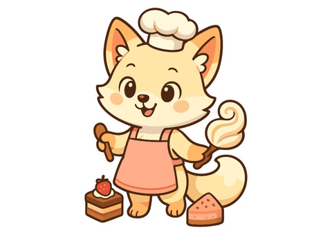 スイーツシェフのキツネ スイーツシェフのキツネ かわいい,キツネ,動物キャラ,パティシエ,ケーキ,デザート,お菓子,クリーム,チョコレートケーキ,スイーツのイラスト素材