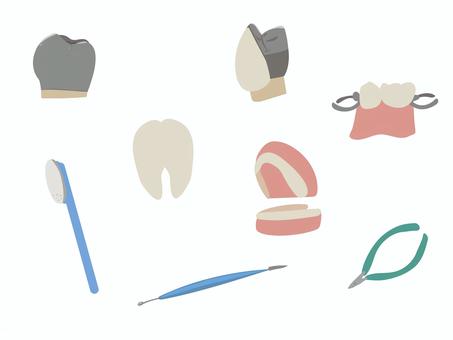 歯科技工のいろいろセット クラウン,補綴,歯ブラシ,エバンス,プライヤー,部分入れ歯,レジン前装冠,入れ歯,歯科,歯科技工のイラスト素材