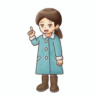 指差しする女の子（冬のイラスト） 女の子,子ども,冬,冬服,コート,ブーツ,ポーズ,指差し,案内,説明のイラスト素材
